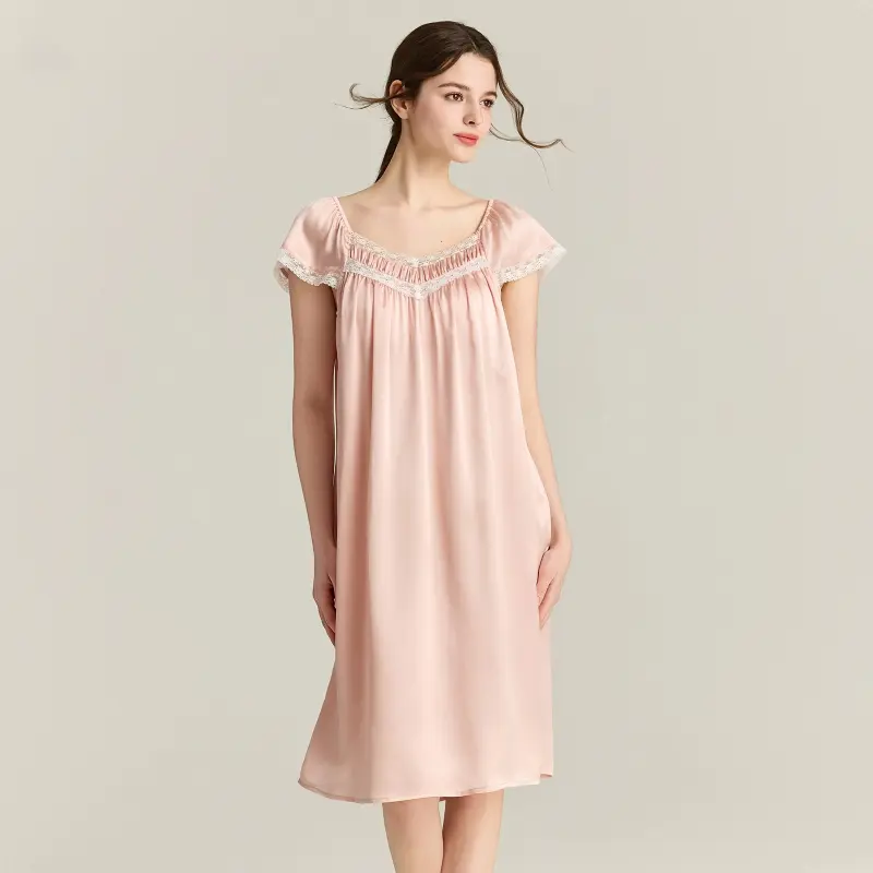 100% Natural Silk Woman Nightgowns Chest Bra Padded Nightdress Lace Trim Sleepwear Lingerie Midi Sleepshirts