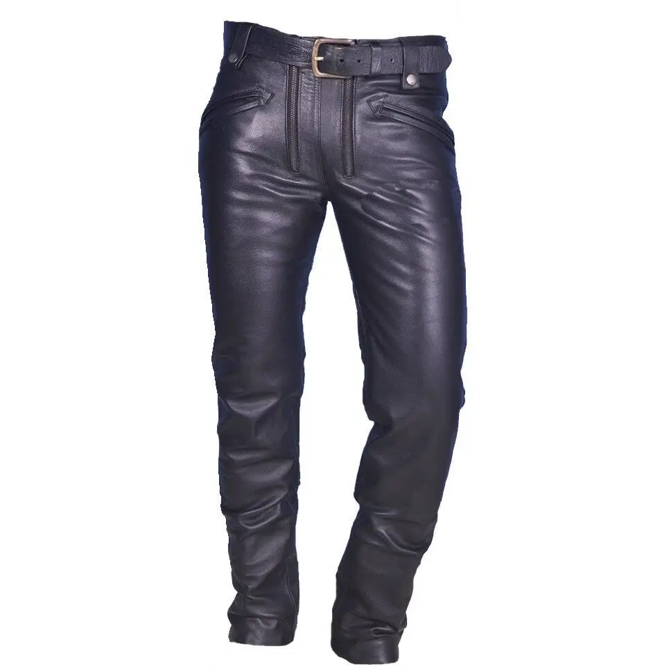 Men's Fashion Faux Leather Pants With Zippers Punk...