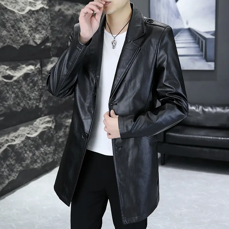 Men’s Fashion Long PU Leather Jacket Business Casual Outdoor Slim Trench Coat Suit Collar Style