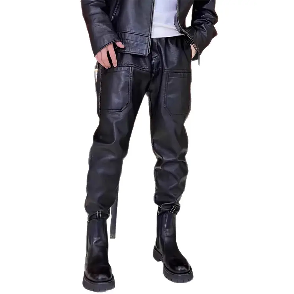 Winter Men Fleece Leather Pants Warm PU Leather Tr...