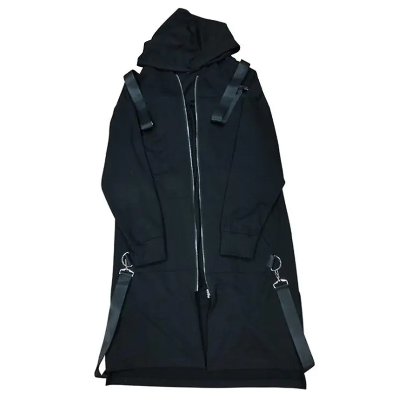 Men's Vintage Hooded Trench Coat with Ribbon Detail Long Zipper Cloak Cape