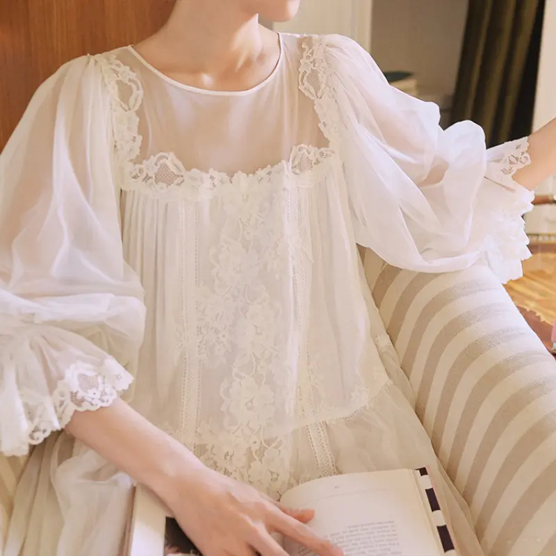 Women Vintage Lace Round Neck Nightdress Casual Long Night Dress