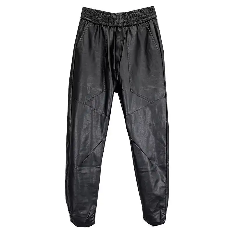 Faux Leather Trousers Drawstring PU Trousers For M...