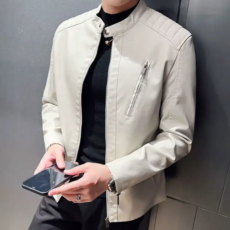 Men's Motorcycle Leather Jacket Men's Casual Stand Collar Solid Color Leather Jacket Zipper PU Jacket