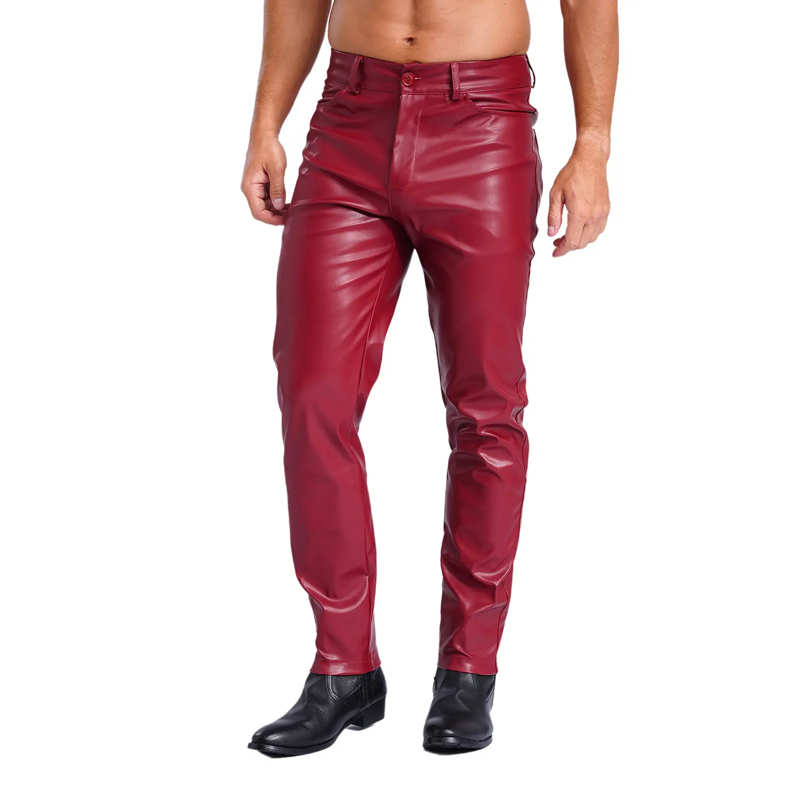 Men Faux Leather Pants Pockets Smooth Lining Straight Pants Tights Leggings For Daily Wear