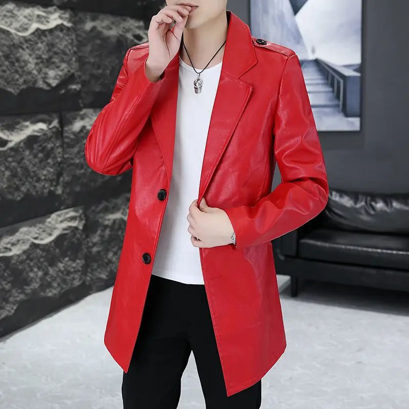 Men’s Fashion Long PU Leather Jacket Business Ca...