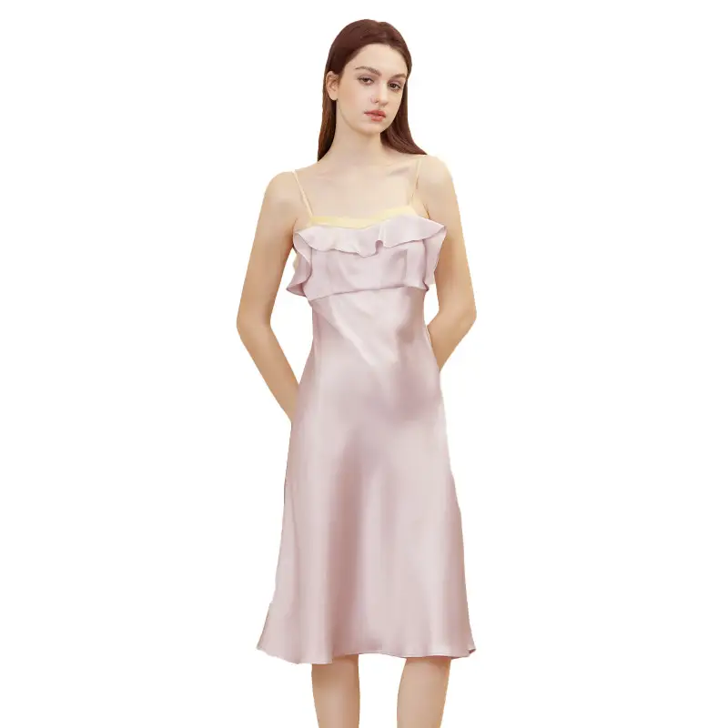 Color-Block 100% Mulberry Silk Strappy Dress Sexy Backless Open-Back Night Dress Soft Breathable Sleepwear