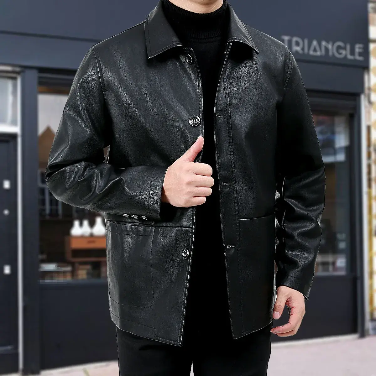 Men's Leather Jacket Motorcycle Style Casual Fashion Slim Stand Collar Coat