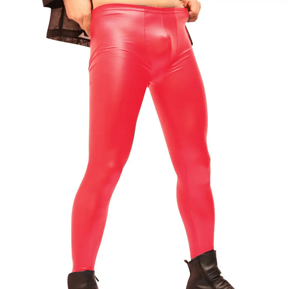 Oil Glossy Faux Latex Elastic PU Leather Jeans Men...