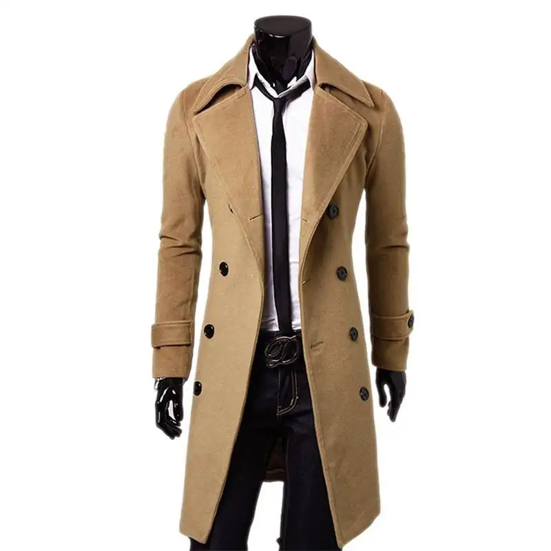 Men's Slim Fit Solid Color Long Trench Coat Double-Breasted Coat