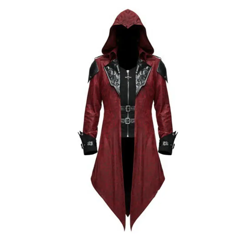 Men Tuxedo Trench Coat Turn-Down Collar Hooded Lea...