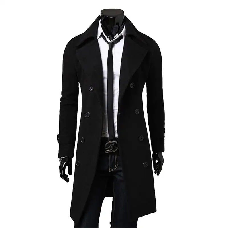 Men's Slim Fit Solid Color Long Trench Coat Double-Breasted Coat