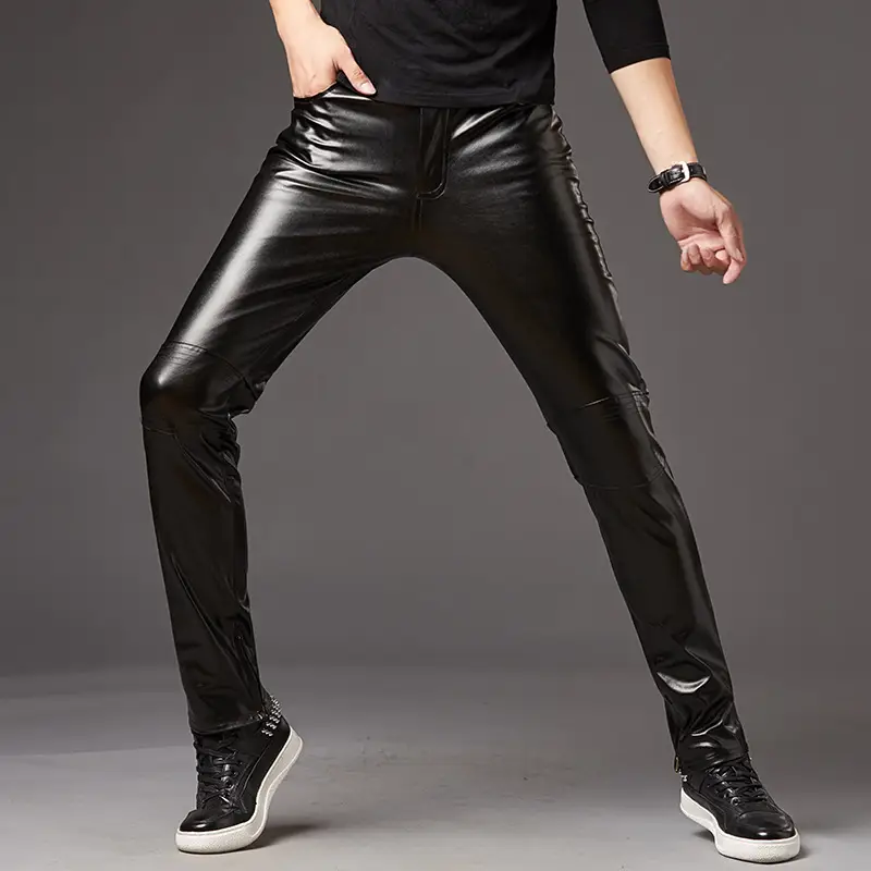 Men Skinny Shiny PU Leather Pants Motorcycle Men Nightclub Stage Pants for Singers Dancers Casual Trousers