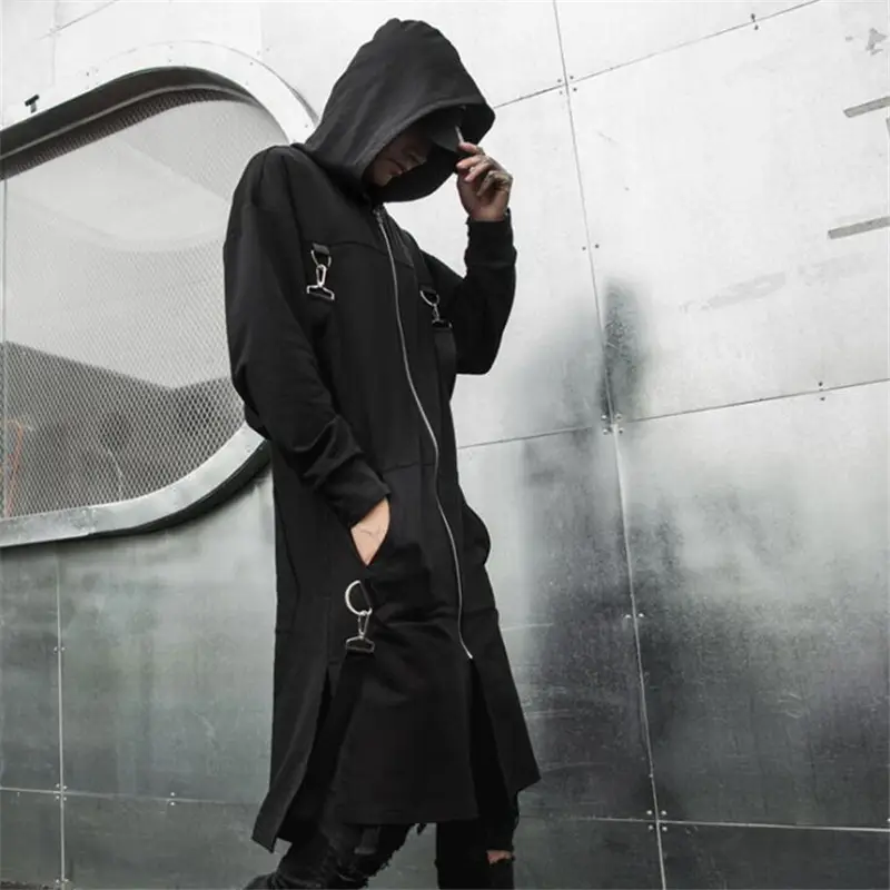Men's Vintage Hooded Trench Coat with Ribbon Detai...