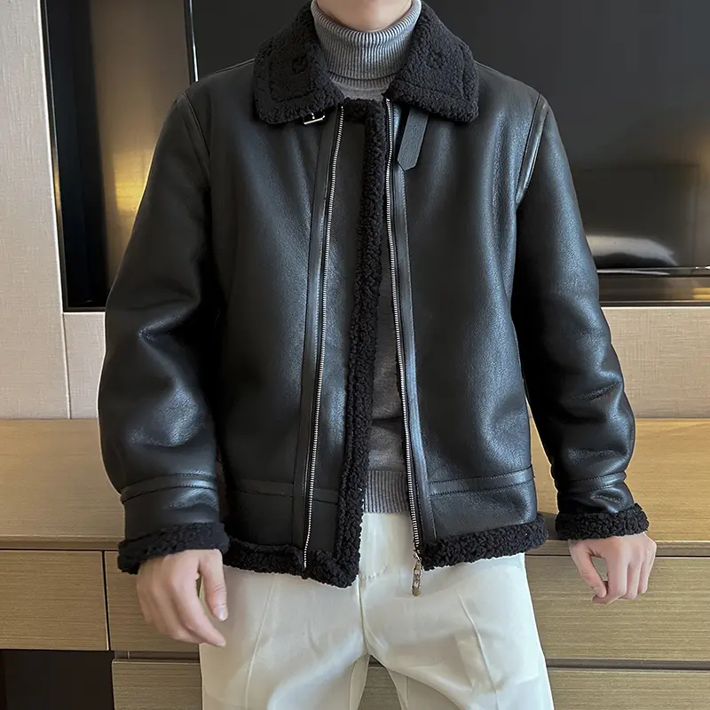 Warm And Thick Leather Jacket For Men Lapel Motorcycle Jacket Men's Leather Jacket