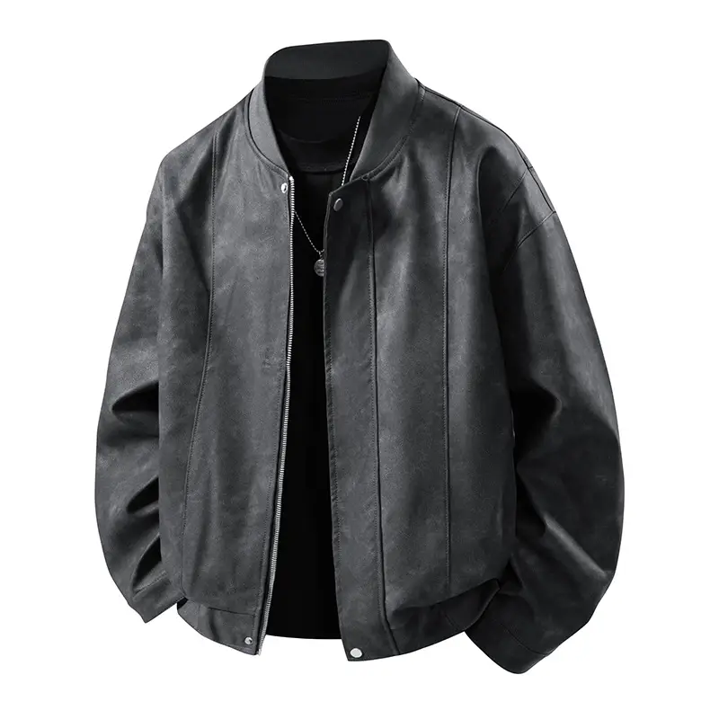 Men's Casual High-Quality Leather Jacket Loose PU Leather Retro Stand Collar Motorcycle Style Casual