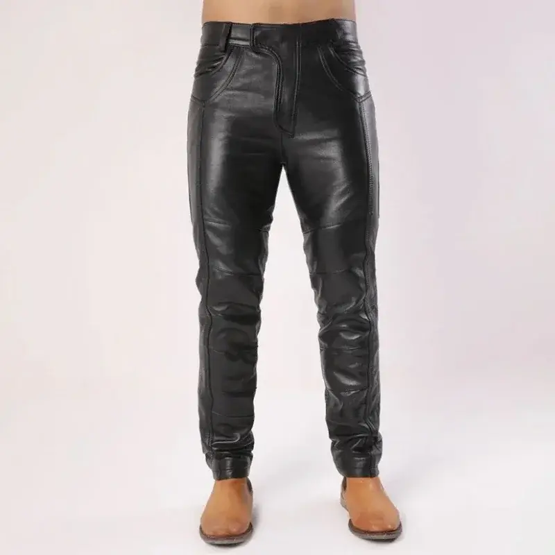 Men's Black Motorcycle Leather Pants With Pocket M...
