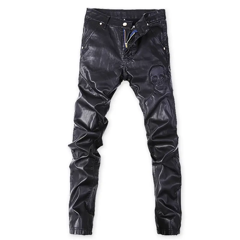 Men Black Faux Leather Pants Fashion Skull Patchwo...