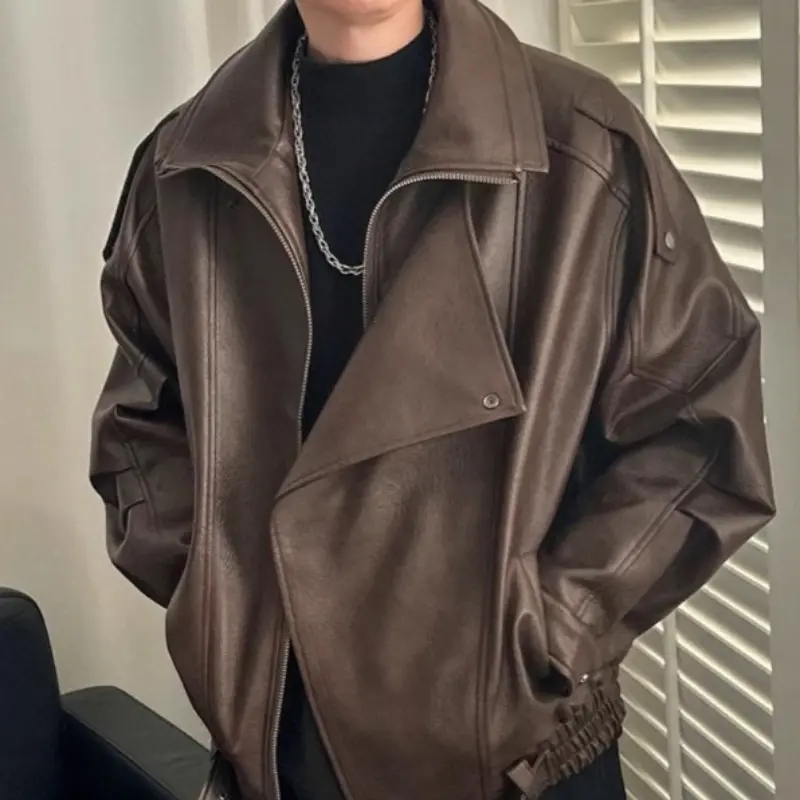 Men's PU Leather Jacket Retro Loose Fashion Asymmetric Zipper Coat