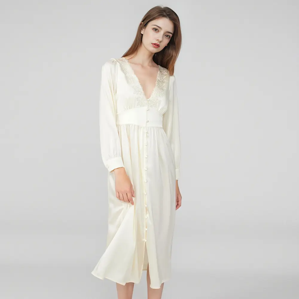 Women 100% Real Silk Elegant Nightgown Long Sleeve V Neck Sexy French Embroidery Pajamas Dress