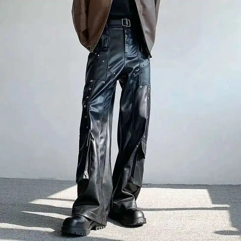 Men's Leather Trousers Rivet Niche PU Casual Pants...
