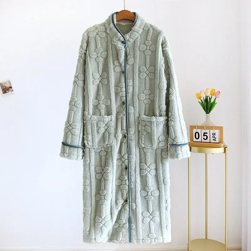 Women's Nightgown Flannel Sweet and Cute Bathrobe Women's Nightdress Stand Collar Button Home Dress