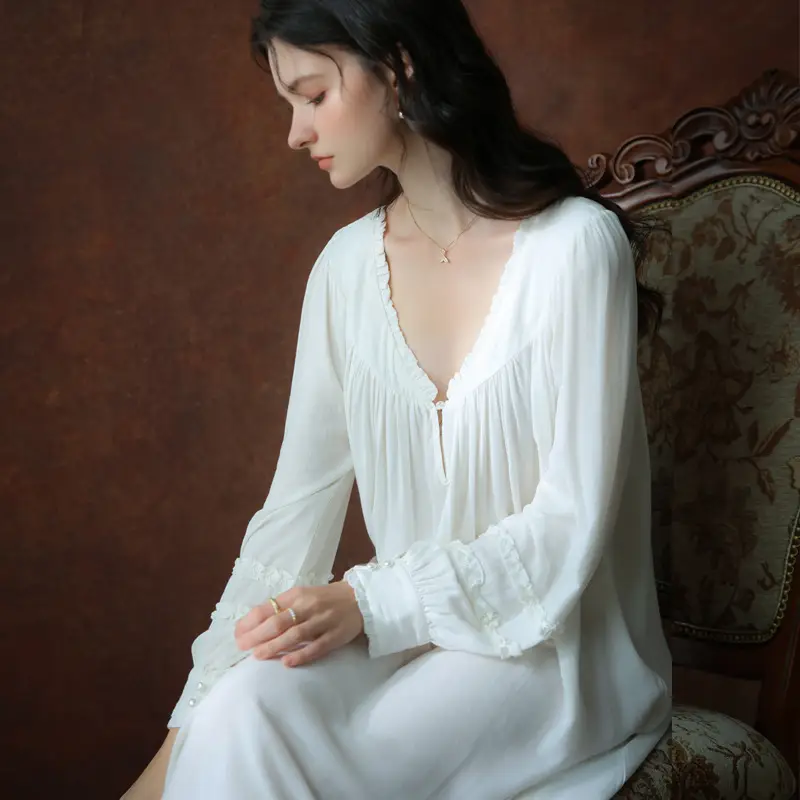 Women Full Sleeves Loose Nightgowns French V-Neck Long Ankle-Length Nightdress Princess Nightie