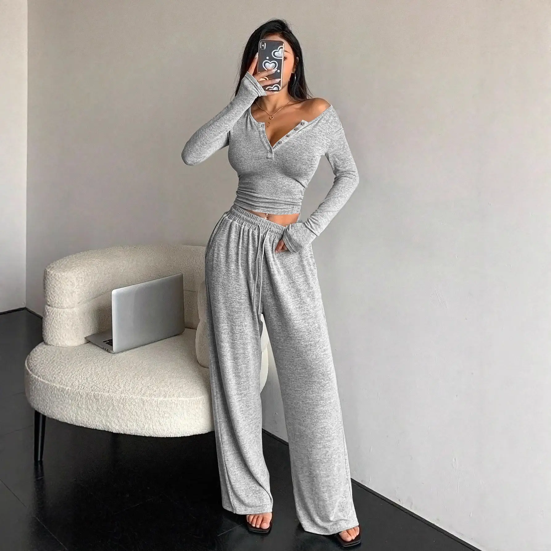 Women's Tight Button V-Neck Long Sleeve Drawstring Trousers Two-Piece Set Casual Simple Home Clothes