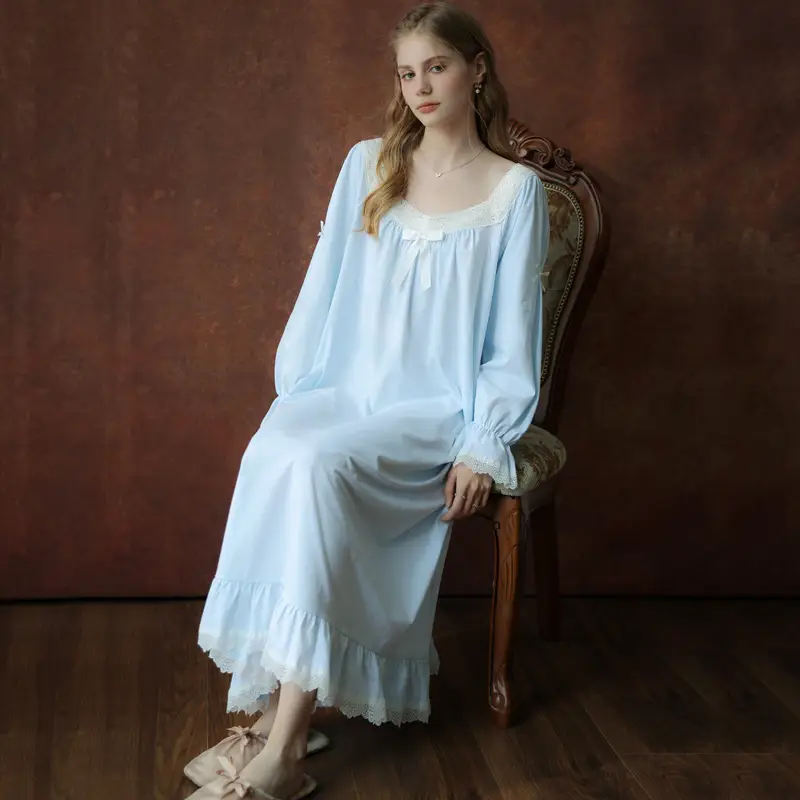 Women Full Sleeves Loose Nightdress Sweet Lace Long Nightgowns