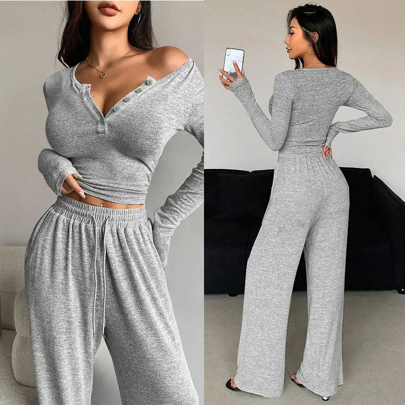 Women's Tight Button V-Neck Long Sleeve Drawstring...