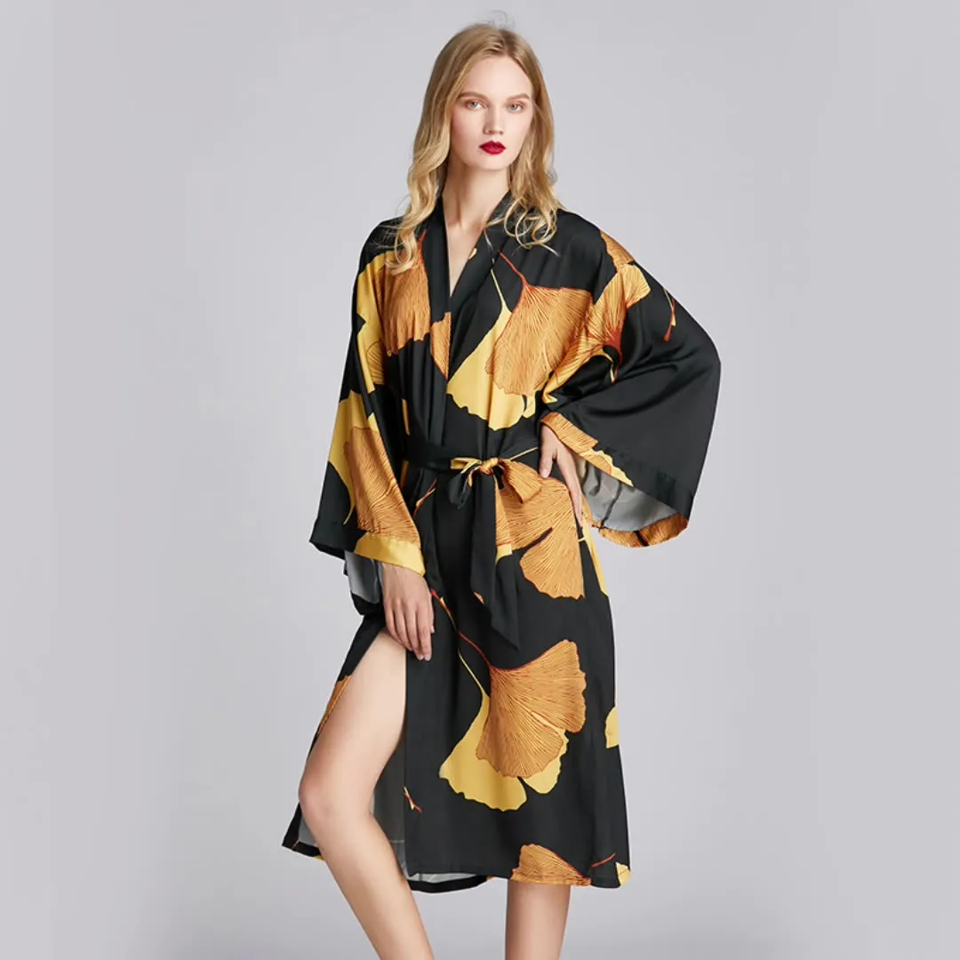 Outfits for Women Ice Silk Nightgown Women's Bathrobe Ginkgo Themed Pajamas for Home Wear