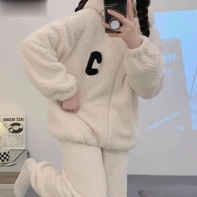 Autumn And Winter Women's Pajamas Set With Hooded Thick Zipper Cardigan Warm Home Clothes