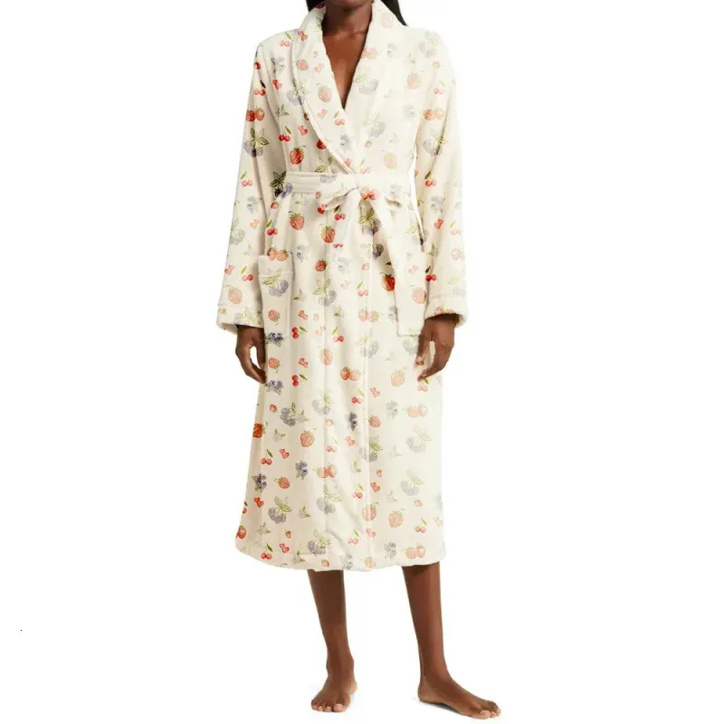 Fruit Print Nightgown Women Thickened Long Lace Up Robe Bathrobe Long Sleeve Loungewear