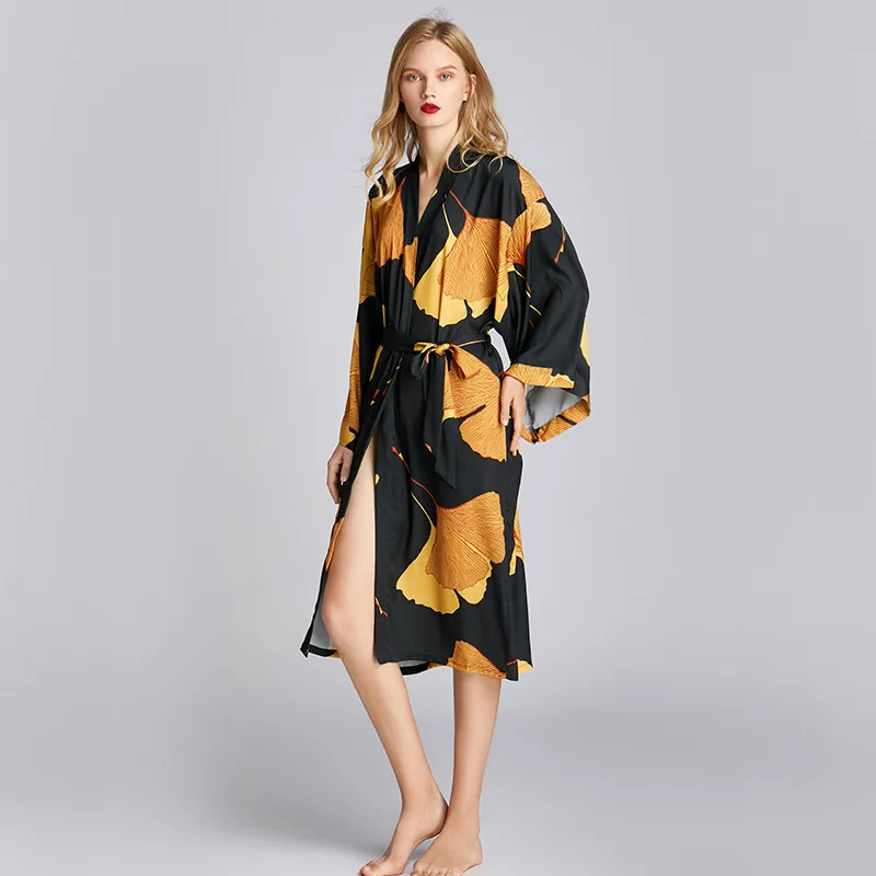 Outfits for Women Ice Silk Nightgown Women's Bathrobe Ginkgo Themed Pajamas for Home Wear