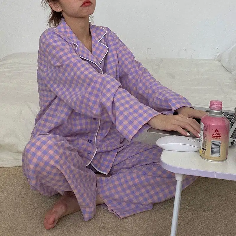 Plaid Pajamas Women's Pajamas Set Button Long Sleeve Home Clothes New Style