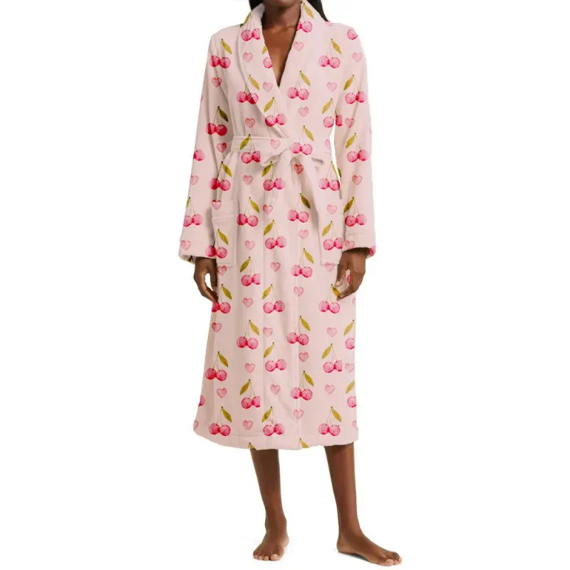 Fruit Print Nightgown Women Thickened Long Lace Up Robe Bathrobe Long Sleeve Loungewear