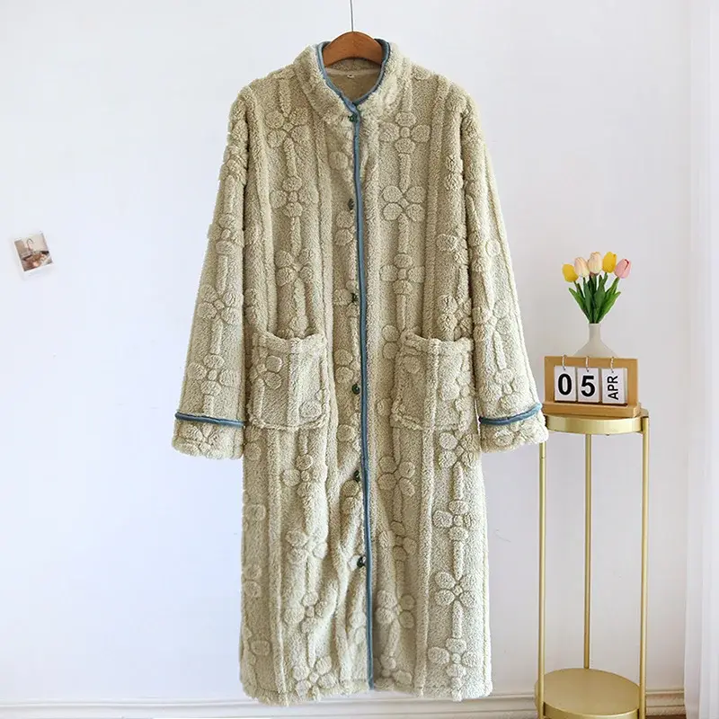 Women's Nightgown Flannel Sweet and Cute Bathrobe Women's Nightdress Stand Collar Button Home Dress