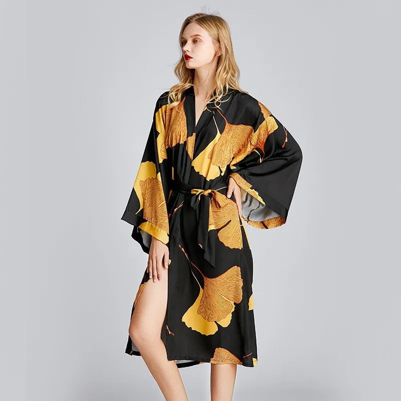 Outfits for Women Ice Silk Nightgown Women's Bathrobe Ginkgo Themed Pajamas for Home Wear