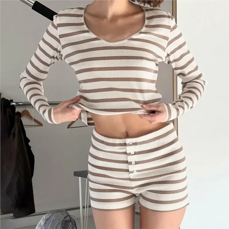 Comfortable Casual Tops And Home Wear Striped Knitted Two-Piece Suit
