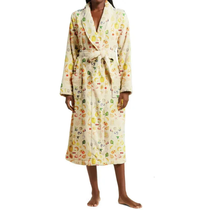 Fruit Print Nightgown Women Thickened Long Lace Up Robe Bathrobe Long Sleeve Loungewear