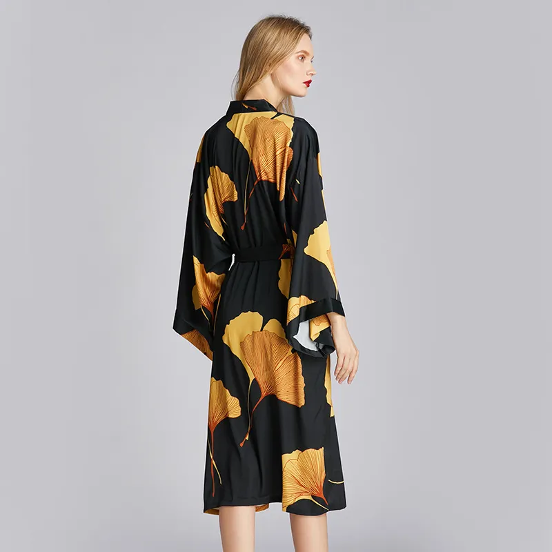 Outfits for Women Ice Silk Nightgown Women's Bathrobe Ginkgo Themed Pajamas for Home Wear