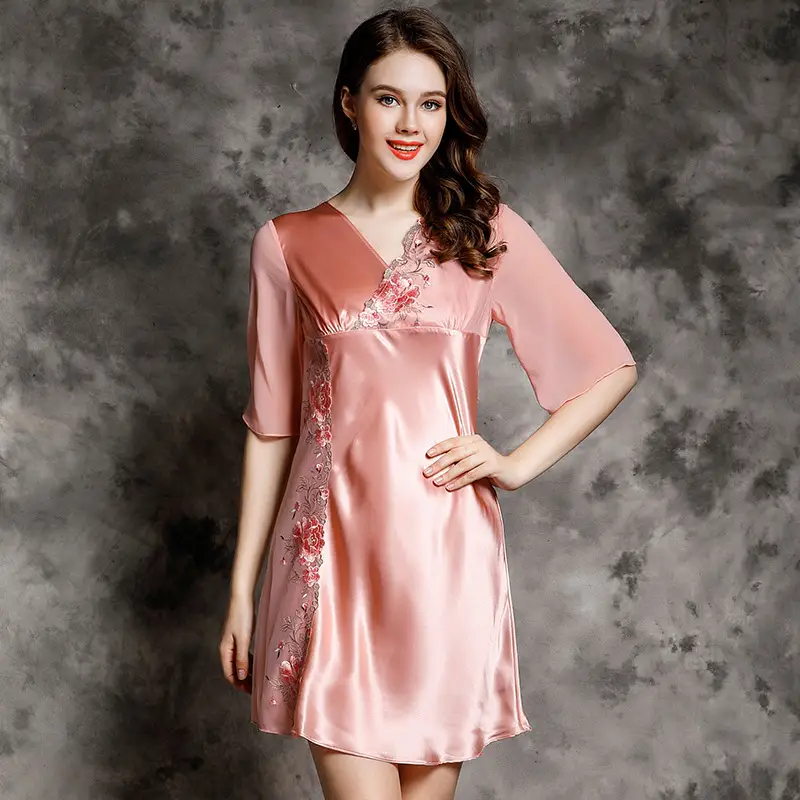 Summer Women Nightdress Lace Mid Sleeve 100% Mulberry Silk Satin