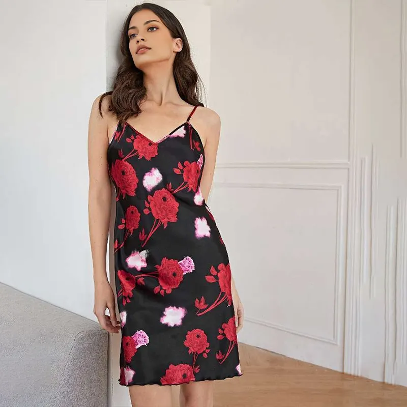Floral Nightdress Women's Satin Slip Dress Sexy Spaghetti Strap Nightgown Loungewear Pajamas