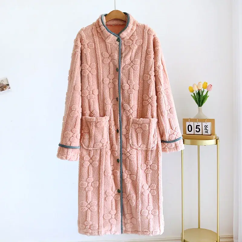 Women's Nightgown Flannel Sweet and Cute Bathrobe Women's Nightdress Stand Collar Button Home Dress