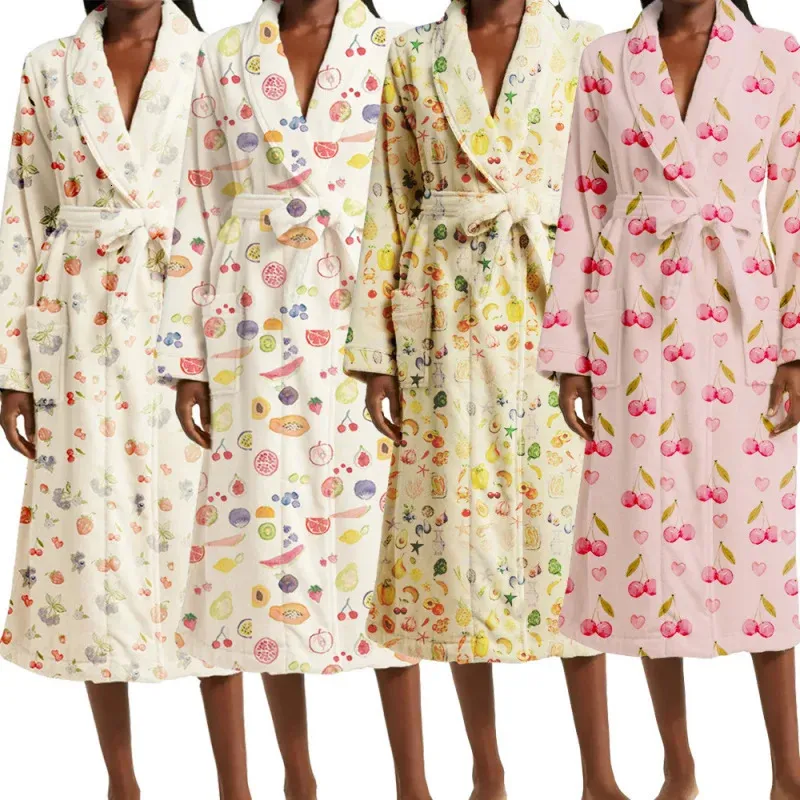 Fruit Print Nightgown Women Thickened Long Lace Up...