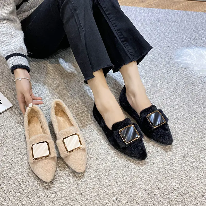 Women's Plush Flat Shoes, Pointed Toe Flat Winter Women's Shoes