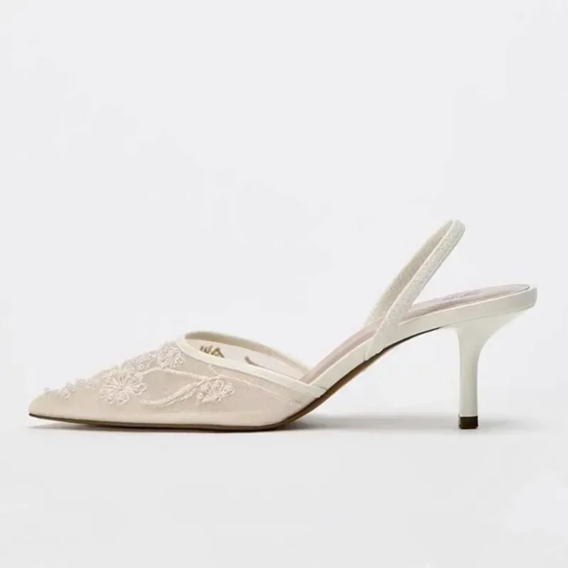 Elegant Mesh Embroidered Flowers WomenThin High Heels
