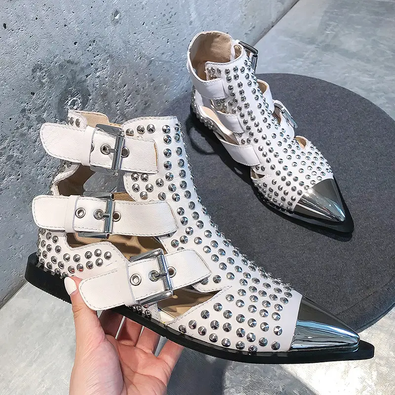 Metal Pointed Studded Openwork Ankle Boots With Three Buckles