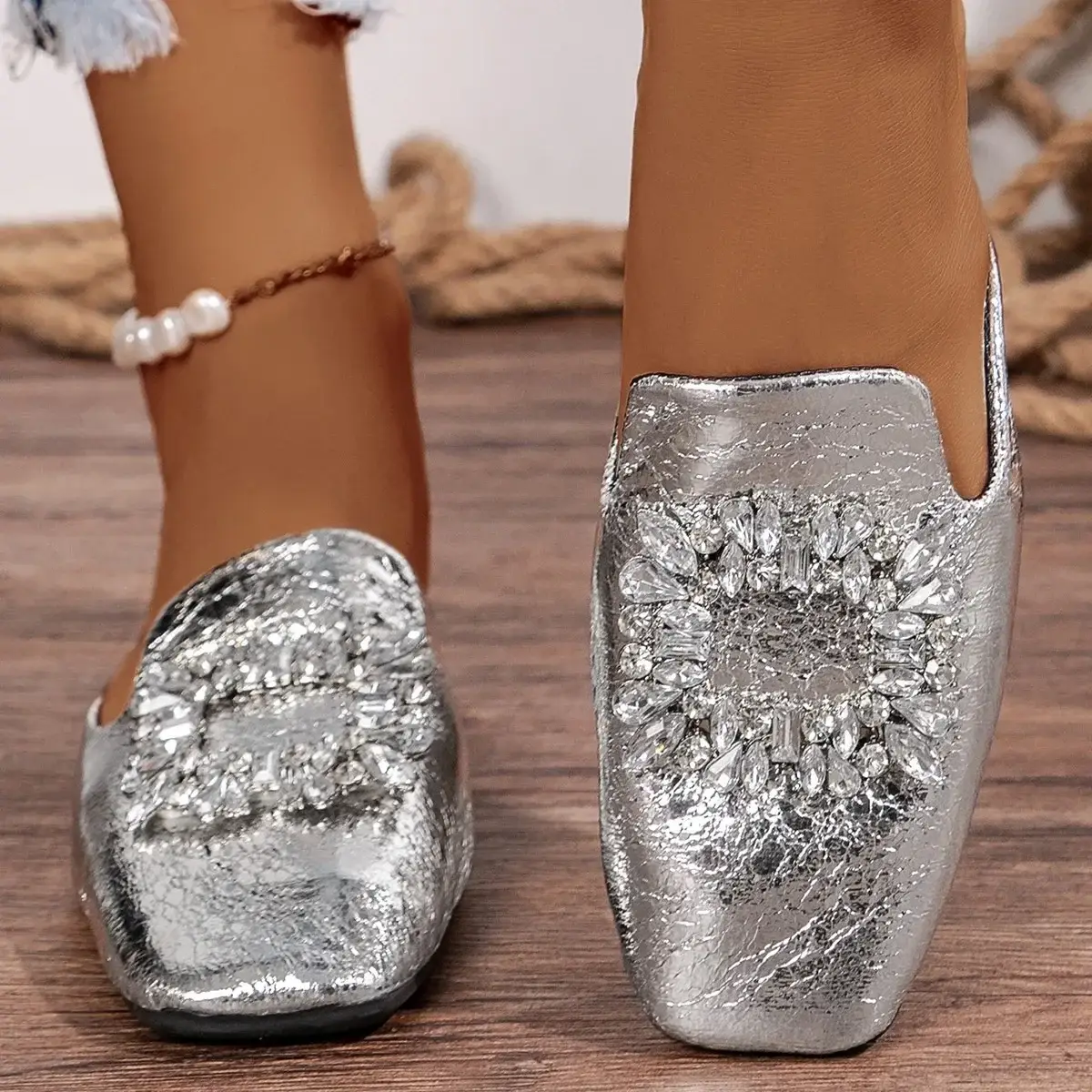 Women's Square Toe Flat Slippers Buckle Mules
