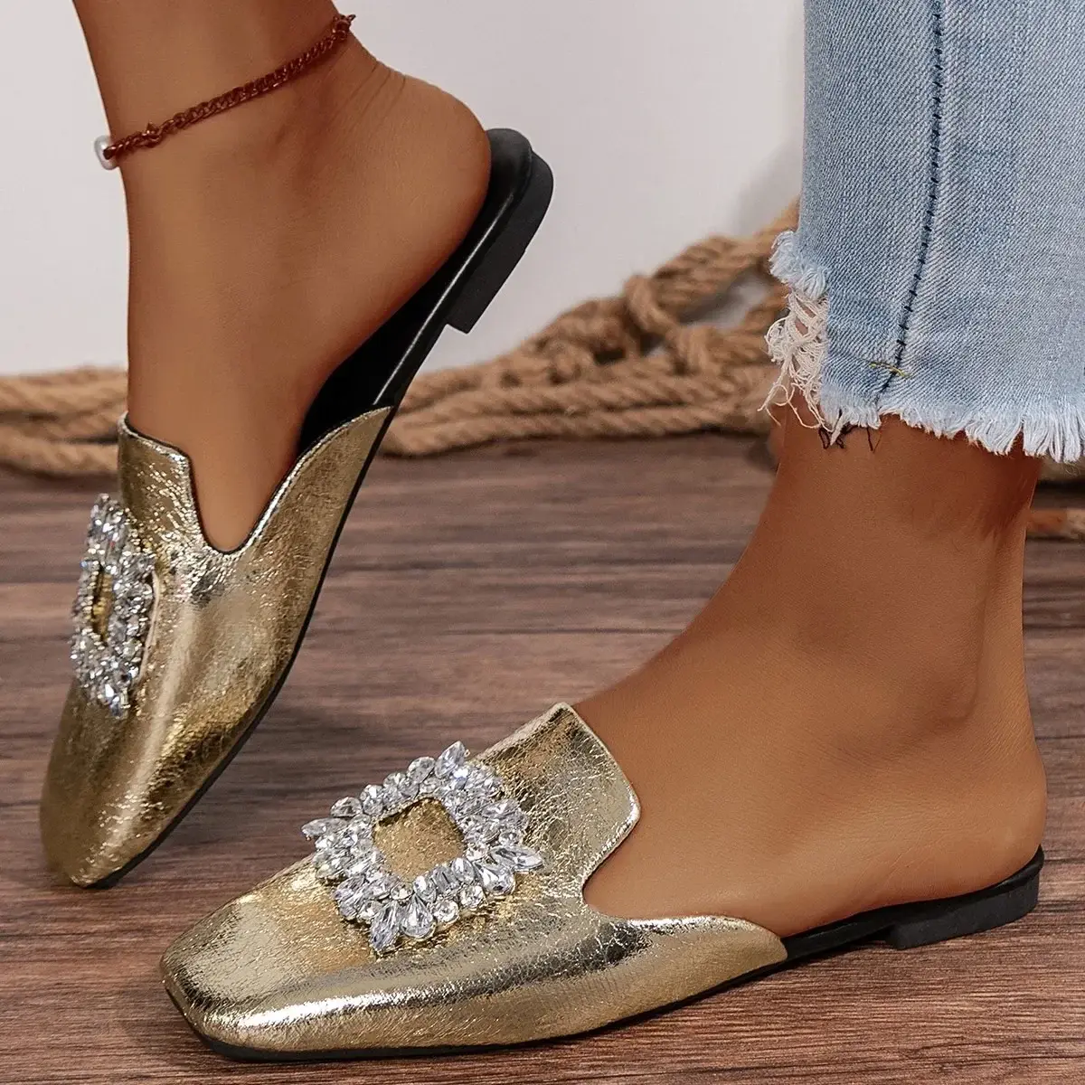 Women's Square Toe Flat Slippers Buckle Mules